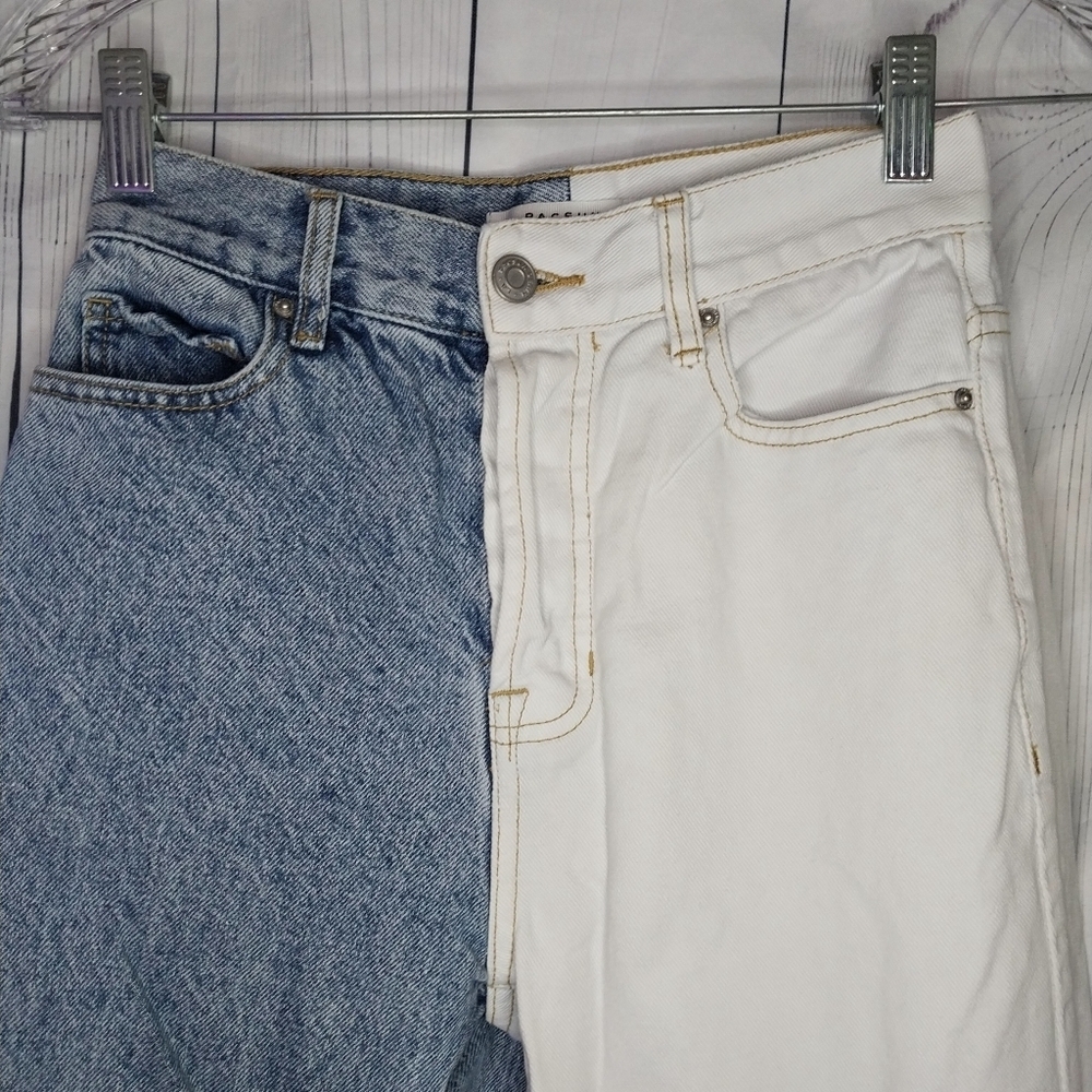 PacSun Eco White Two-Tone Split Leg High Rise Button Fly Straight Leg Jeans - Picture 5 of 9